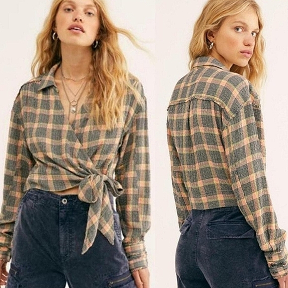 Free People Running Wild Flannel Wrap Top M Boho Indie Fall Layer - Picture 1 of 10